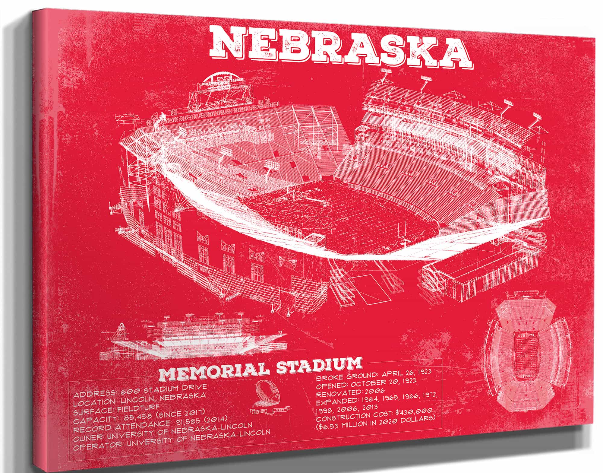 14" x 11" / Stretched Canvas Wrap Cutler West Nebraska Cornhuskers - Vintage Memorial Stadium (Lincoln) Art Print