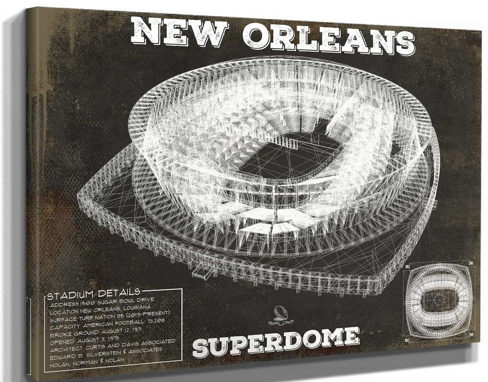 14" x 11" / Stretched Canvas Wrap Cutler West New Orleans Saints Superdome Seating Chart - Vintage Football Print