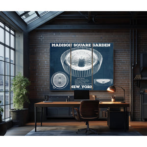 New York Knicks - Madison Square Garden Blueprint NBA Print as a 3 panel canvas wrap in an industrial loft office