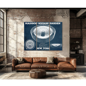 New York Knicks - Madison Square Garden Blueprint NBA Print as a 3 panel canvas wrap above a leather sofa