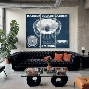 New York Knicks - Madison Square Garden Blueprint NBA Print as a 3 panel canvas wrap in a modern living room