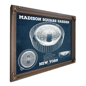 New York Knicks - Madison Square Garden Blueprint NBA Print in a Bourbon stained wood frame with antique gold corners