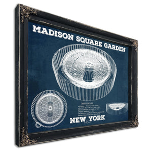 New York Knicks - Madison Square Garden Blueprint NBA Print in a distressed Vintage Black wood frame with ornate corners