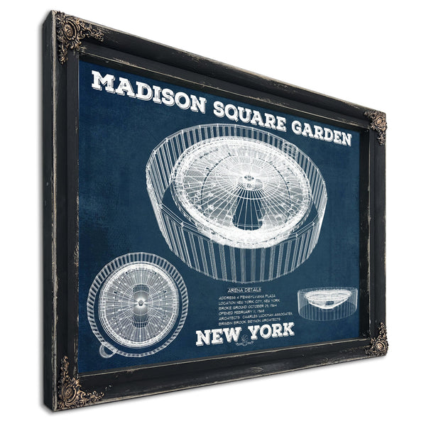 New York Knicks - Madison Square Garden Blueprint NBA Print in a distressed Vintage Black wood frame with ornate corners