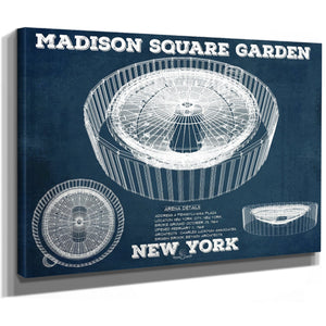 New York Knicks - Madison Square Garden Blueprint NBA Print as a stretched canvas wrap with gallery wrapped edges
