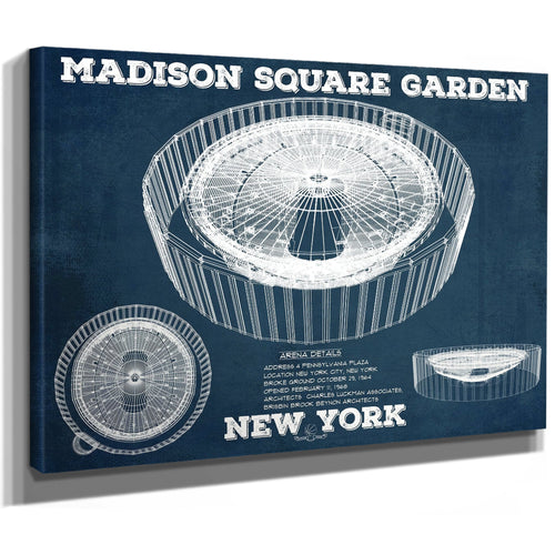 New York Knicks - Madison Square Garden Blueprint NBA Print as a stretched canvas wrap with gallery wrapped edges