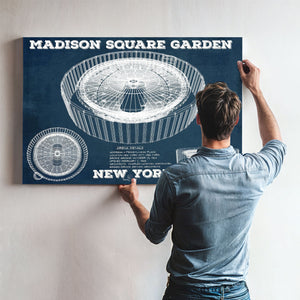 New York Knicks - Madison Square Garden Blueprint NBA Print framed in Vintage Black above a mid-century record console