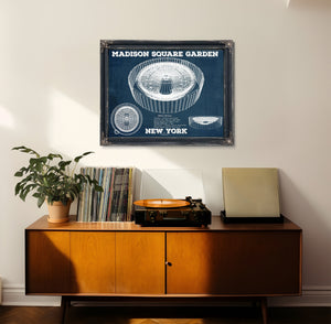 New York Knicks - Madison Square Garden Blueprint NBA Print framed in Vintage Black in a loft bedroom