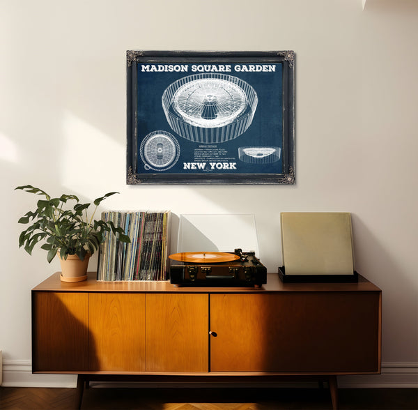 New York Knicks - Madison Square Garden Blueprint NBA Print framed in Vintage Black in a loft bedroom