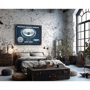 New York Knicks - Madison Square Garden Blueprint NBA Print framed in Vintage Black in a farmhouse entryway