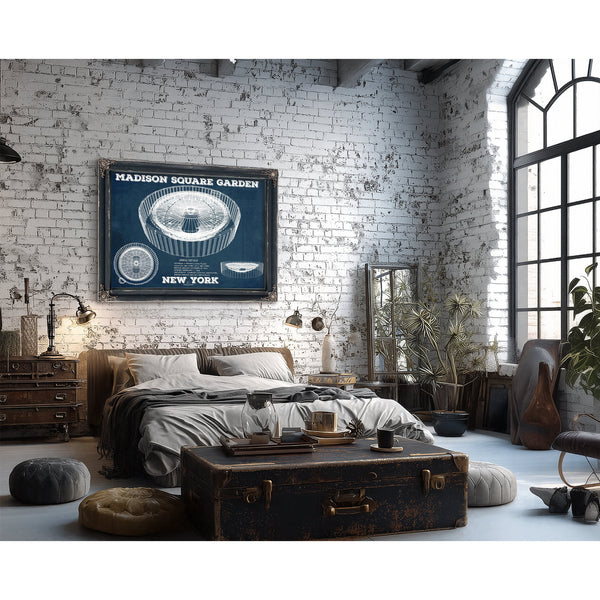 New York Knicks - Madison Square Garden Blueprint NBA Print framed in Vintage Black in a farmhouse entryway