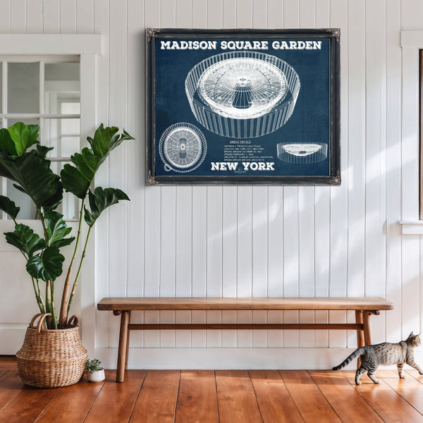 New York Knicks - Madison Square Garden Blueprint NBA Print framed in Vintage Black above a rustic console table