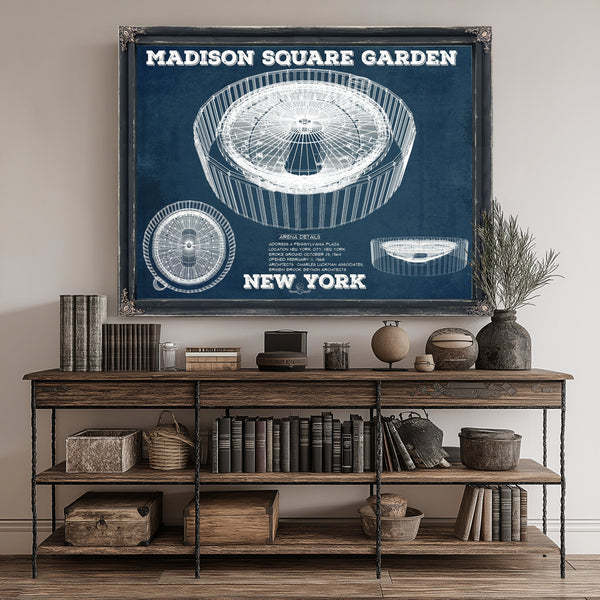 New York Knicks - Madison Square Garden Blueprint NBA Print canvas print size guide 24x18 36x24 48x36 inches