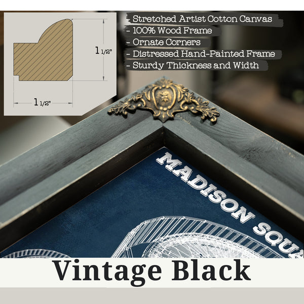 Vintage Black frame corner detail, 1.5 inch ornate wood moulding, New York Knicks - Madison Square Garden Blueprint NBA Print