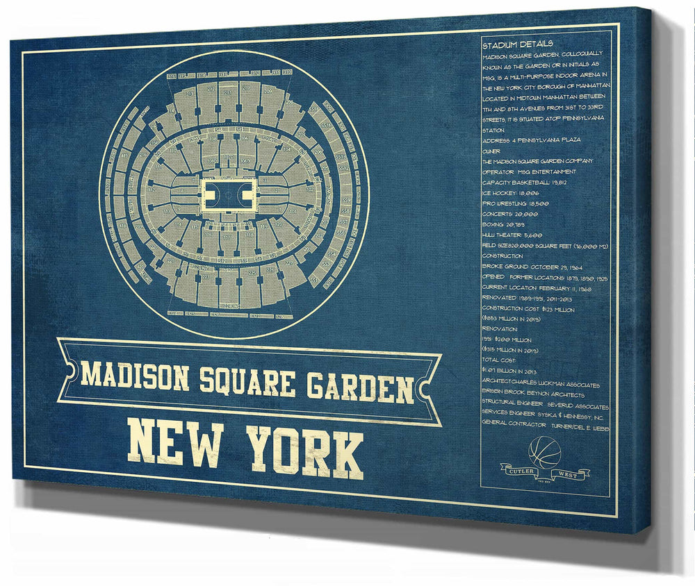 14" x 11" / Stretched Canvas Wrap Cutler West New York Knicks - Madison Square Garden Vintage Blueprint NBA Basketball NBA Print