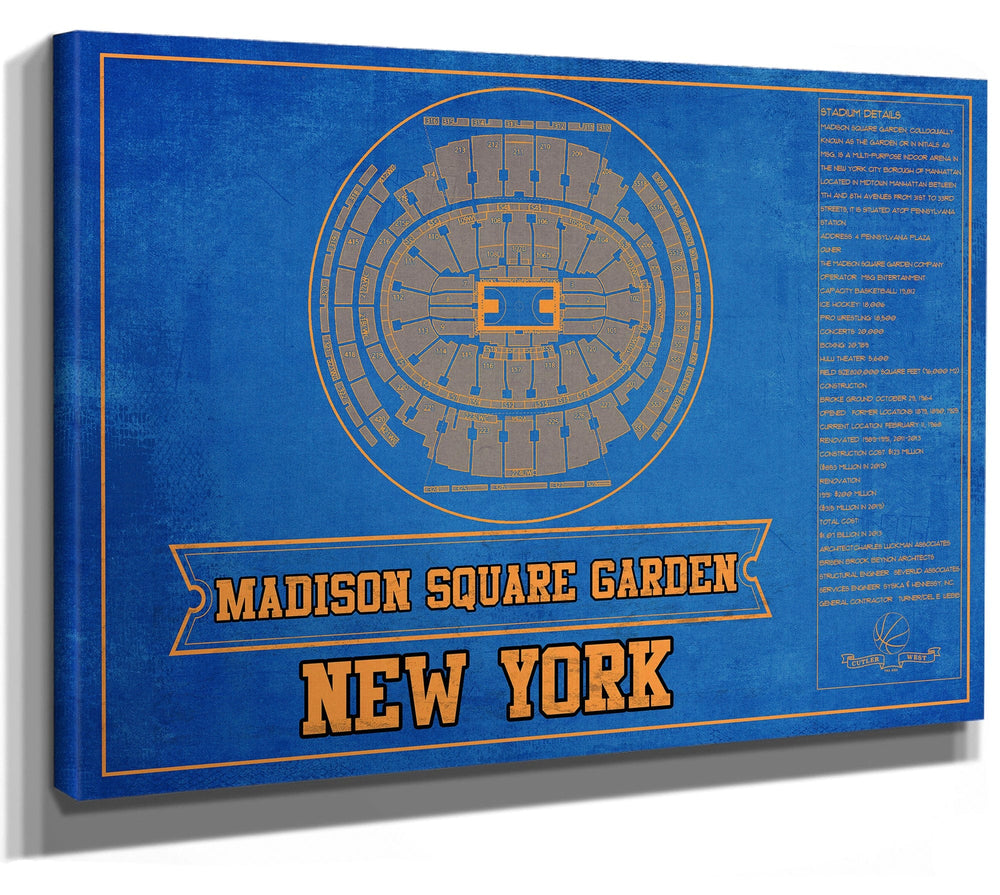 14" x 11" / Stretched Canvas Wrap Cutler West New York Knicks - Madison Square Garden Vintage Blueprint NBA Basketball NBA Team Color Print