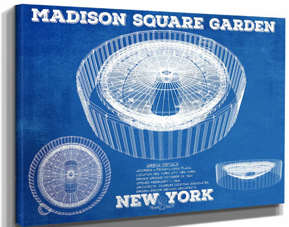 14" x 11" / Stretched Canvas Wrap Cutler West New York Knicks - Madison Square Garden Vintage Blueprint NBA Basketball NBA - Team Color Print