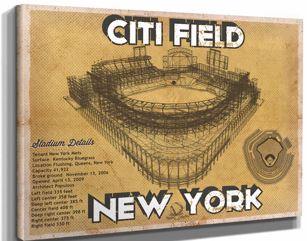 14" x 11" / Stretched Canvas Wrap Cutler West New York Mets Citi Field Vintage Seating Chart Baseball Print