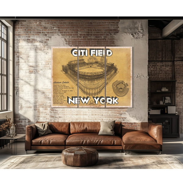New York Mets Citi Field Seating Stadium Print as a 3 panel canvas wrap above a leather sofa