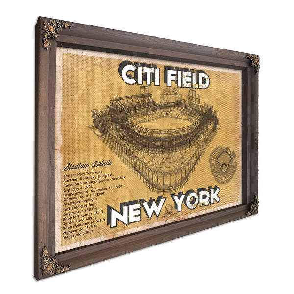 New York Mets Citi Field Seating Stadium Print in a Bourbon stained wood frame with antique gold corners