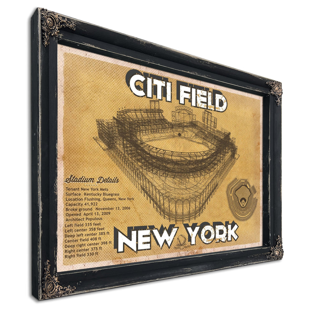 New York Mets Citi Field Seating Stadium Print in a distressed Vintage Black wood frame with ornate corners