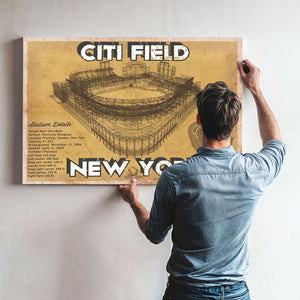 New York Mets Citi Field Seating Stadium Print framed in Vintage Black above a mid-century record console