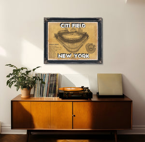 New York Mets Citi Field Seating Stadium Print framed in Vintage Black in a loft bedroom
