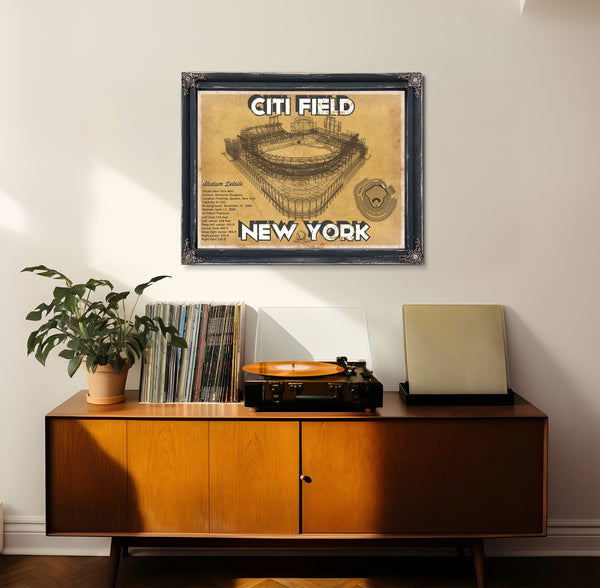 New York Mets Citi Field Seating Stadium Print framed in Vintage Black in a loft bedroom