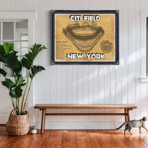 New York Mets Citi Field Seating Stadium Print framed in Vintage Black above a rustic console table