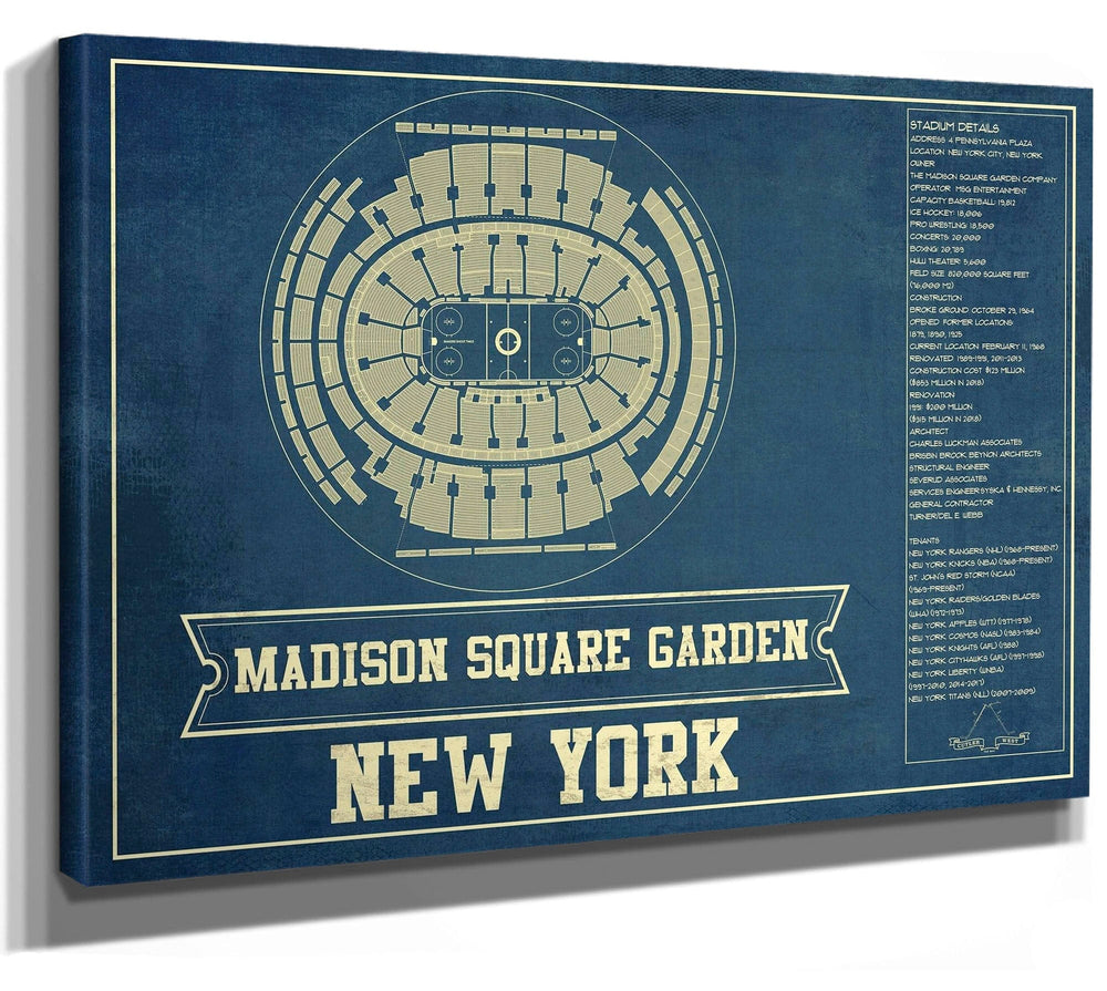 14" x 11" / Stretched Canvas Wrap Cutler West New York Rangers - Madison Square Garden Vintage Hockey Blueprint NHL Print