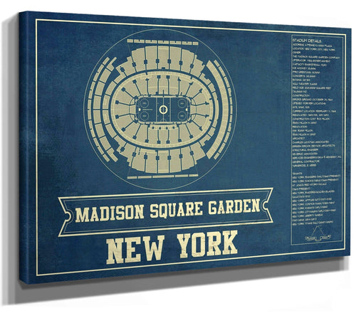 14" x 11" / Stretched Canvas Wrap Cutler West New York Rangers - Madison Square Garden Vintage Hockey Blueprint NHL Print
