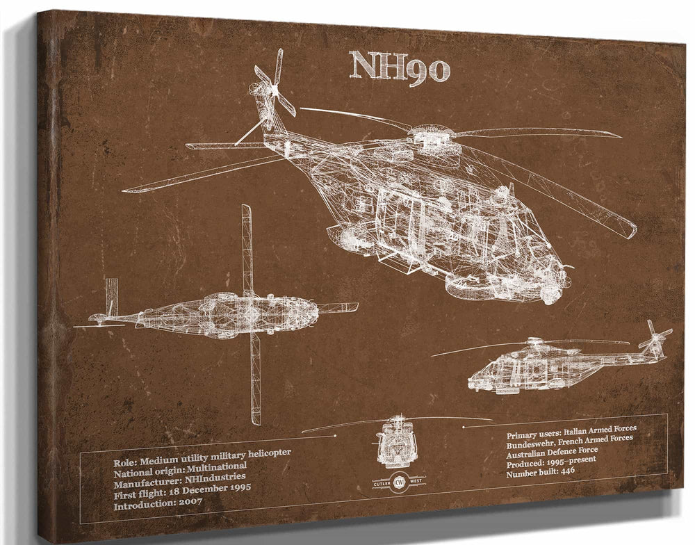 14" x 11" / Stretched Canvas Wrap Cutler West NHIndustries NH90 Helicopter Vintage Aviation Blueprint Military Print