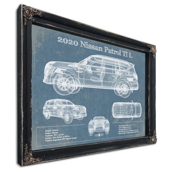 2020 Nissan Patrol Ti L Blueprint Art Print in a distressed Vintage Black wood frame with ornate corners