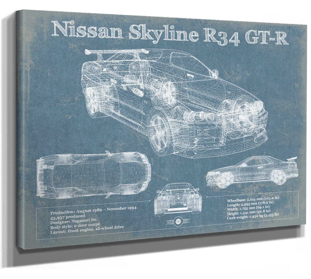 14" x 11" / Stretched Canvas Wrap Cutler West Nissan Skyline R34 GT-R Original Blueprint Art