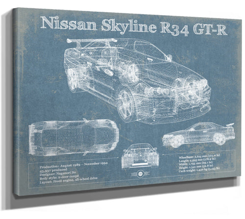 14" x 11" / Stretched Canvas Wrap Cutler West Nissan Skyline R34 GT-R Original Blueprint Art