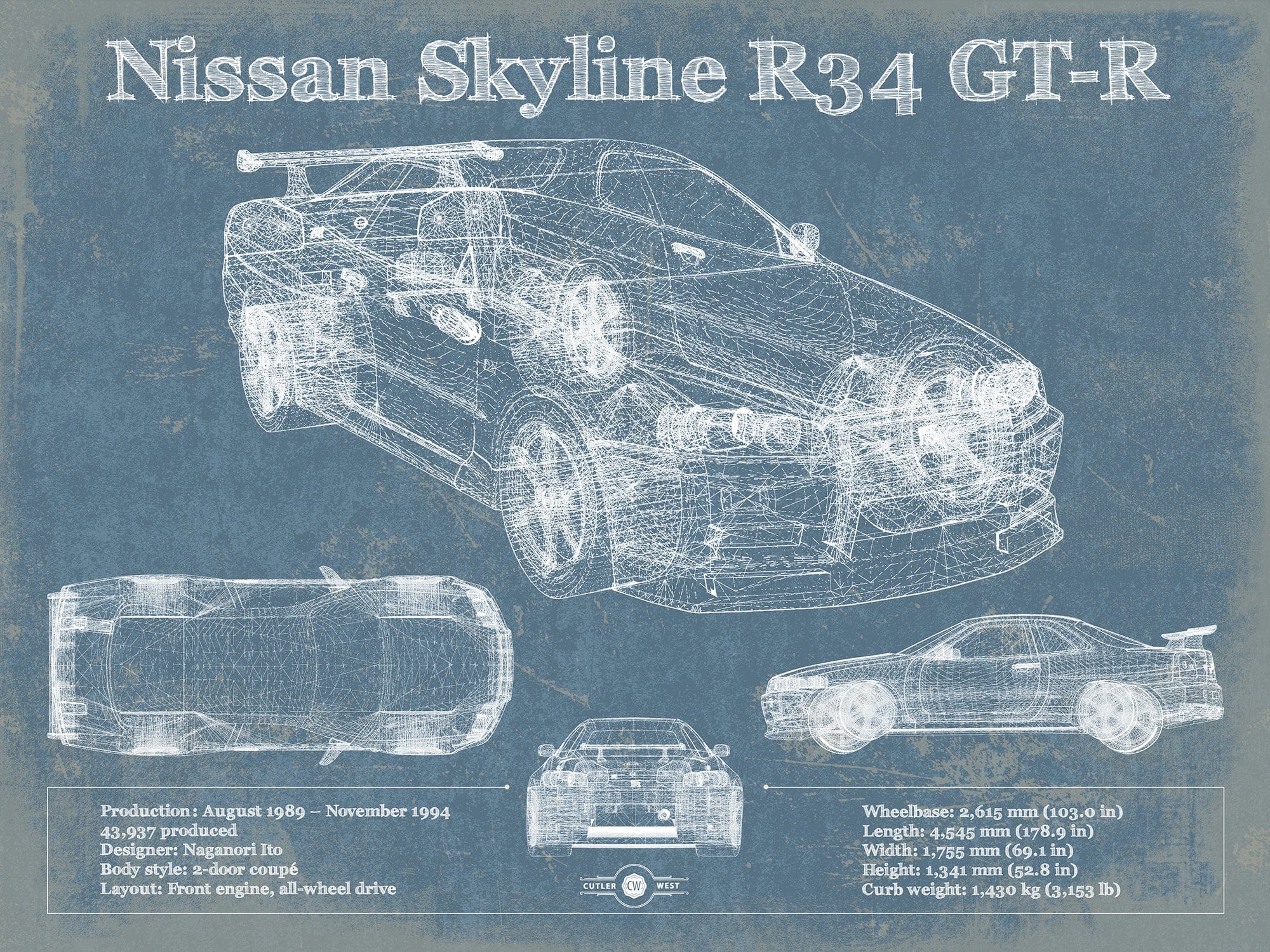 Gt R R34 Fnf Blueprint Nissan Skyline R34 GT-R Original Art by Cutler West