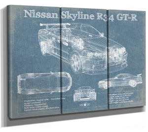 36" x 24" / 3 Panel Canvas Wrap Cutler West Nissan Skyline R34 GT-R Original Blueprint Art