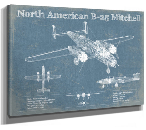 14" x 11" / Stretched Canvas Wrap Cutler West North American B-25 Mitchell Vintage Aviation Blueprint Military Print - Custom Name and Squadron Text