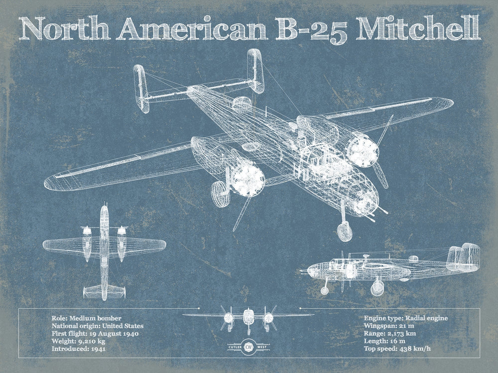 14" x 11" / Stretched Canvas Wrap Cutler West North American B-25 Mitchell Vintage Aviation Blueprint Military Print - Custom Name and Squadron Text