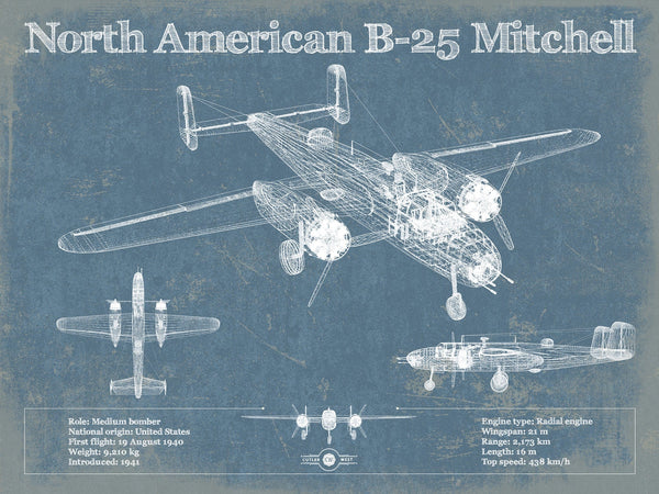 14" x 11" / Unframed Cutler West North American B-25 Mitchell Vintage Aviation Blueprint Military Print - Custom Name and Squadron Text