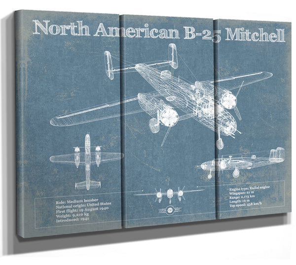 36" x 24" / 3 Panel Canvas Wrap Cutler West North American B-25 Mitchell Vintage Aviation Blueprint Military Print - Custom Name and Squadron Text