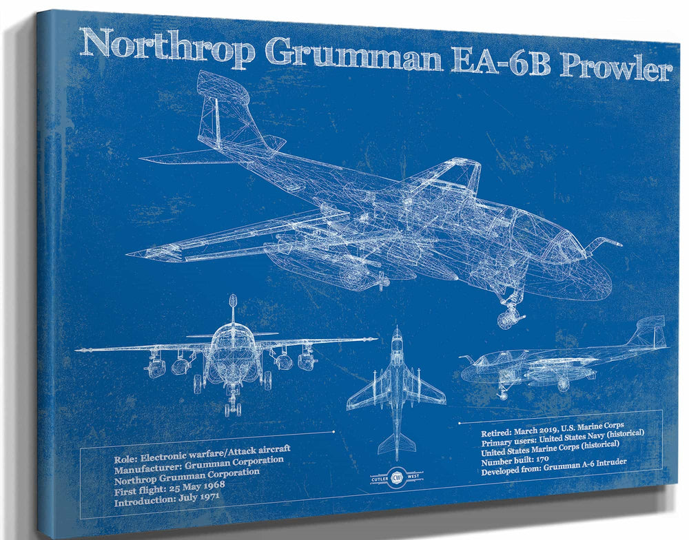 14" x 11" / Stretched Canvas Wrap Cutler West Northrop Grumman EA-6B Prowler Patent Blueprint Original Military Wall Art
