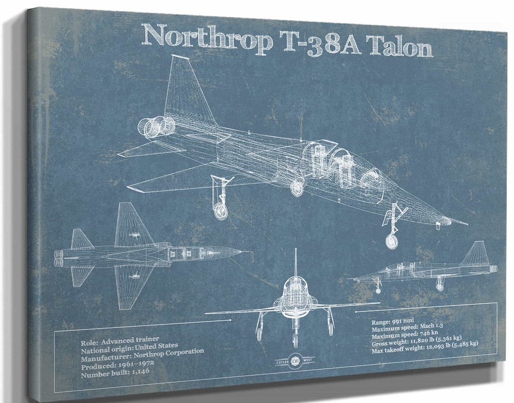 14" x 11" / Stretched Canvas Wrap Cutler West Northrop T-38A Talon Patent Blueprint Original Military Wall Art