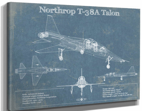 14" x 11" / Stretched Canvas Wrap Cutler West Northrop T-38A Talon Patent Blueprint Original Military Wall Art