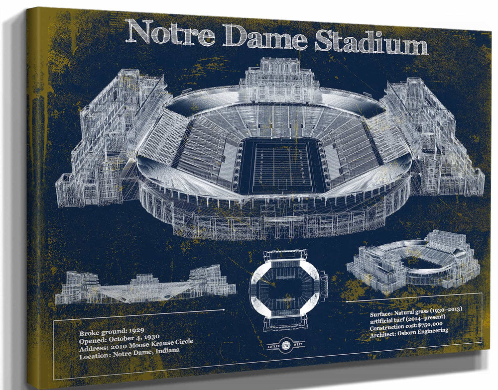 14" x 11" / Stretched Canvas Wrap Cutler West Notre Dame Stadium 2021 Version Team Color Vintage Art Print