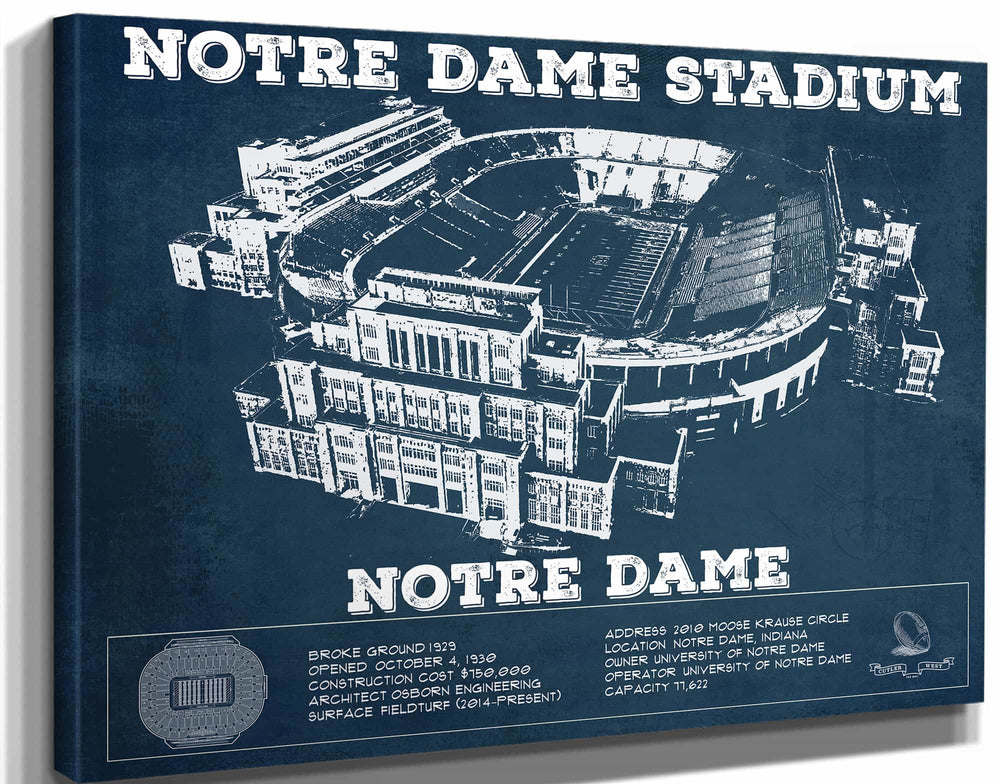 14" x 11" / Stretched Canvas Wrap Cutler West Notre Dame Stadium Vintage Art Print