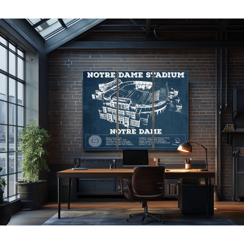 Notre Dame Stadium Print in a distressed Vintage Black wood frame with ornate corners