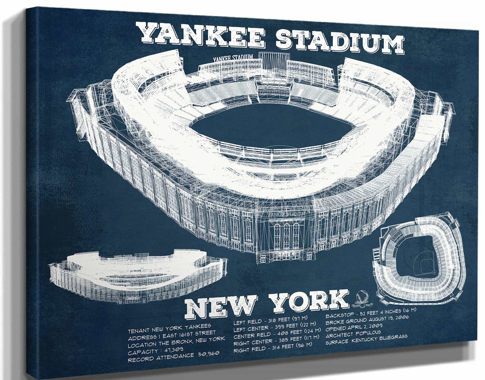 14" x 11" / Stretched Canvas Wrap Cutler West NY Yankees - Vintage Yankee Stadium Blueprint Baseball Art Print