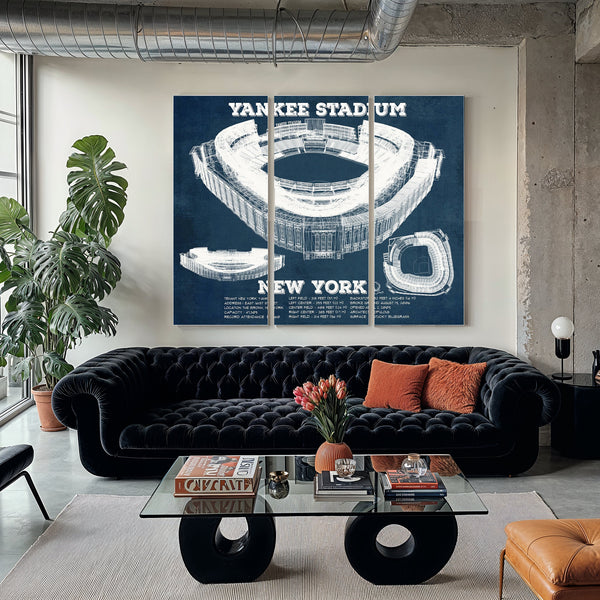 NY Yankees - Yankee Stadium Print as a 3 panel canvas wrap in a modern living room