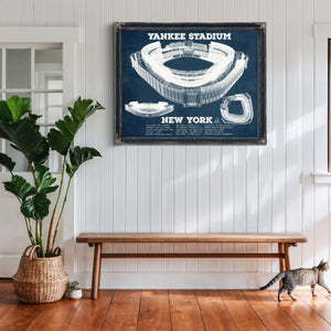 NY Yankees - Yankee Stadium Print framed in Vintage Black above a rustic console table